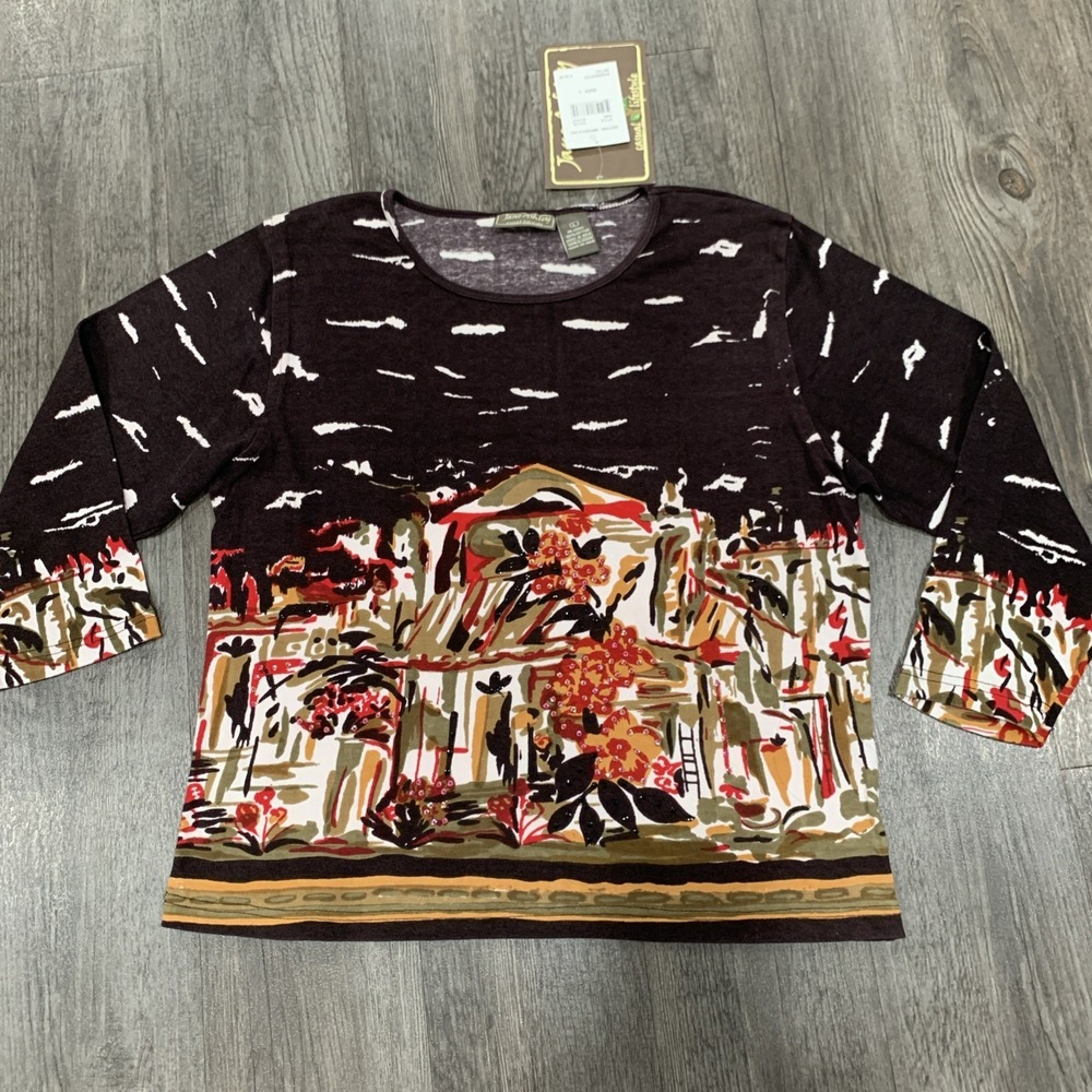 Jane Ashley Womens Multicolor Cotton 3/4 Sleeve Graphic Beaded T-Shirt Size L